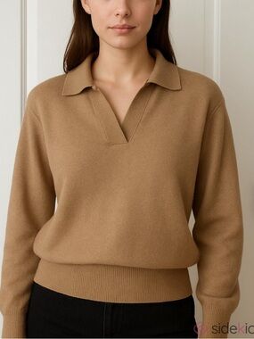 CHAPMANS 100% cashmere sweater collared split v-neck beige size medium